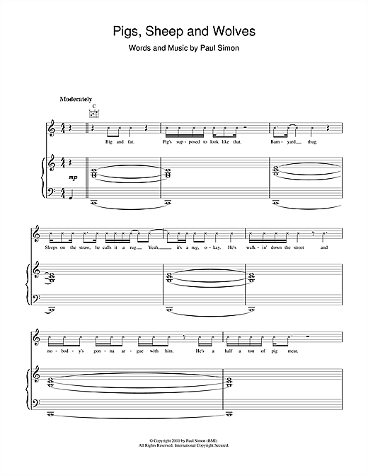 Preview Paul Simon Pigs, Sheep And Wolves Pop sheet music, notes and chords for Piano, Vocal & Guitar, SKU: 17989 sheet music, piano notes, chords, guitar tabs, score, transpose, transcribe, how to play, guide, download, learn, tutorial, progression, song, artist, awards, billboard, mtv, vh1, tour, single, album, release