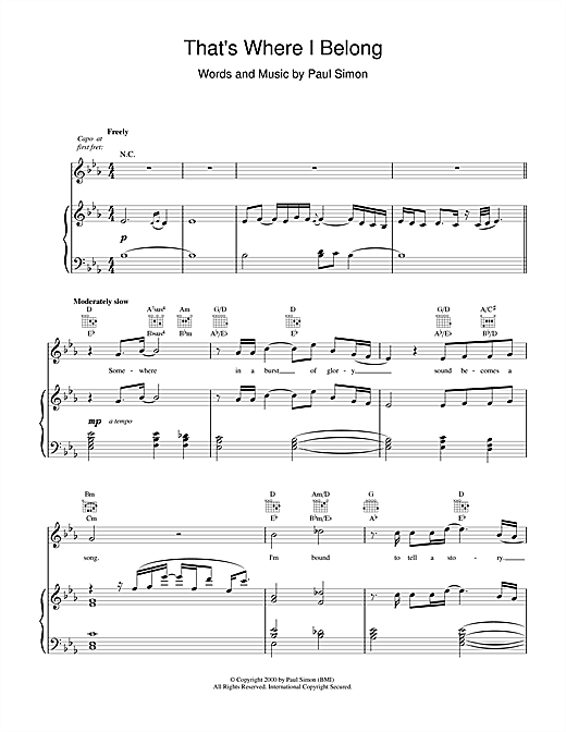 Preview Paul Simon That's Where I Belong Pop sheet music, notes and chords for Piano, Vocal & Guitar (Right-Hand Melody), SKU: 17992 sheet music, piano notes, chords, guitar tabs, score, transpose, transcribe, how to play, guide, download, learn, tutorial, progression, song, artist, awards, billboard, mtv, vh1, tour, single, album, release