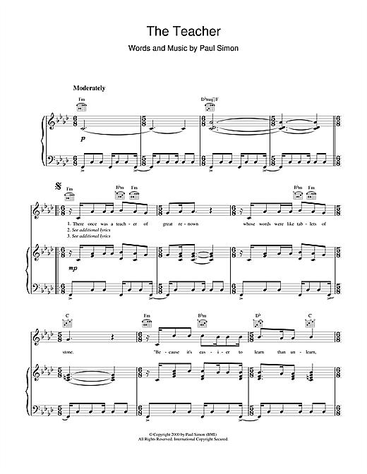 Preview Paul Simon The Teacher Pop sheet music, notes and chords for Piano, Vocal & Guitar (Right-Hand Melody), SKU: 17993 sheet music, piano notes, chords, guitar tabs, score, transpose, transcribe, how to play, guide, download, learn, tutorial, progression, song, artist, awards, billboard, mtv, vh1, tour, single, album, release