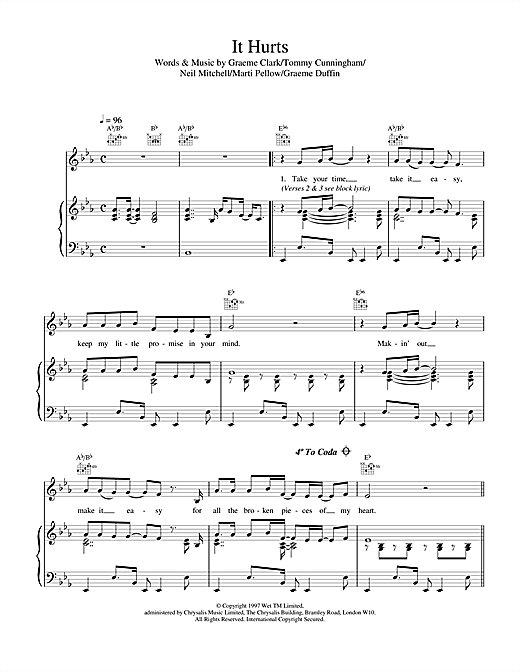 Preview Wet Wet Wet It Hurts Pop sheet music, notes and chords for Piano, Vocal & Guitar (Right-Hand Melody), SKU: 17999 sheet music, piano notes, chords, guitar tabs, score, transpose, transcribe, how to play, guide, download, learn, tutorial, progression, song, artist, awards, billboard, mtv, vh1, tour, single, album, release
