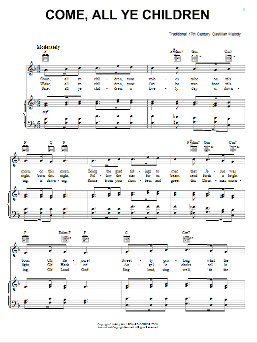 17th Century Castilian Melody Come, All Ye Children Sheet Music Notes & Chords for Piano, Vocal & Guitar (Right-Hand Melody) - Download or Print PDF