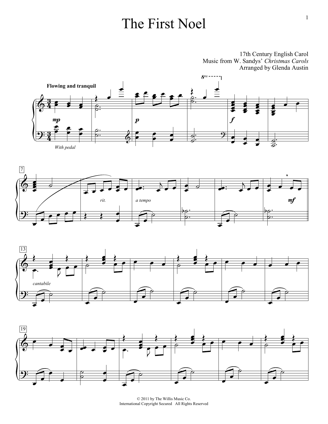 17th Century English Carol The First Noel (arr. Glenda Austin) Sheet Music Notes & Chords for Piano Solo - Download or Print PDF