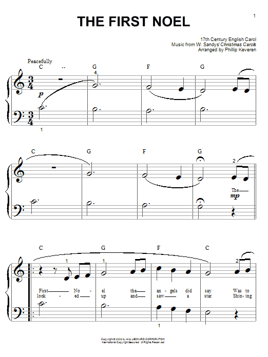 17th Century English Carol The First Noel (arr. Phillip Keveren) Sheet Music Notes & Chords for Easy Piano Solo - Download or Print PDF