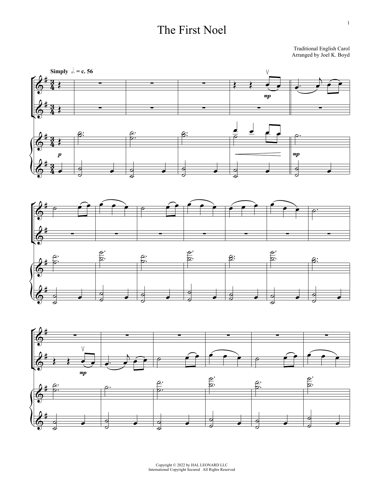 17th Century English Carol The First Noel (for Violin Duet and Piano) Sheet Music Notes & Chords for Violin and Piano - Download or Print PDF