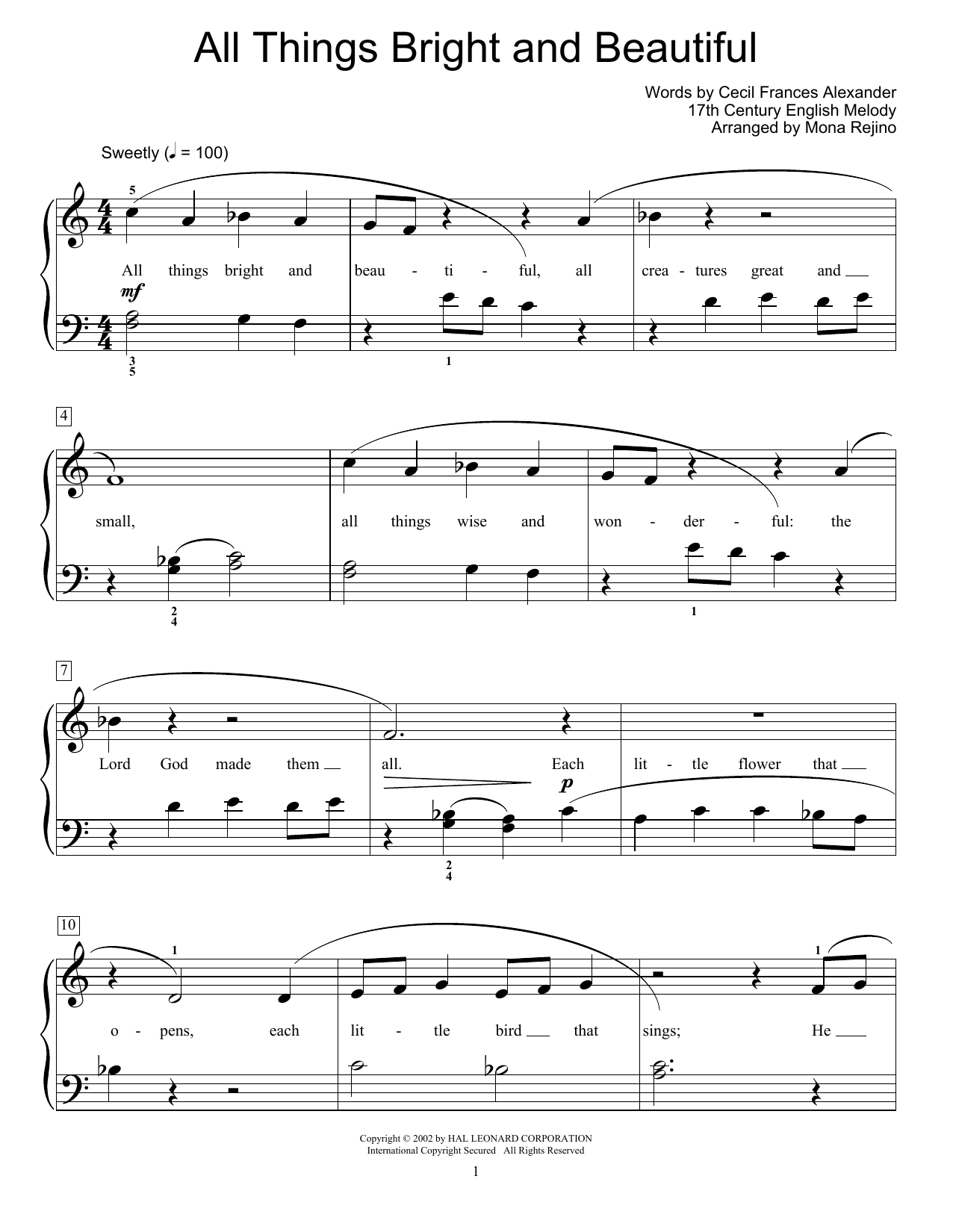 17th Century English Melody All Things Bright And Beautiful Sheet Music Notes & Chords for Educational Piano - Download or Print PDF