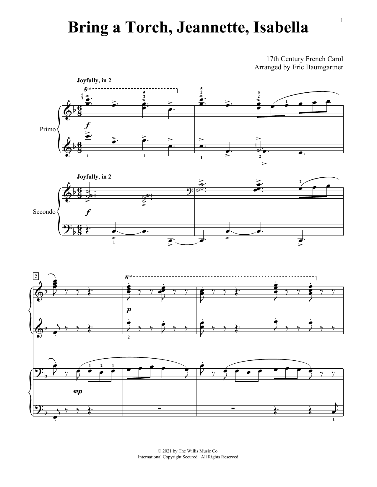 17th Century French Carol Bring A Torch, Jeannette, Isabella (arr. Eric Baumgartner) Sheet Music Notes & Chords for Piano Duet - Download or Print PDF