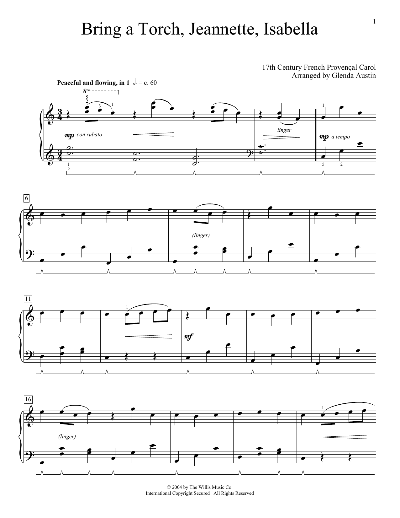 17th Century French Carol Bring A Torch, Jeannette, Isabella (arr. Glenda Austin) Sheet Music Notes & Chords for Piano Solo - Download or Print PDF