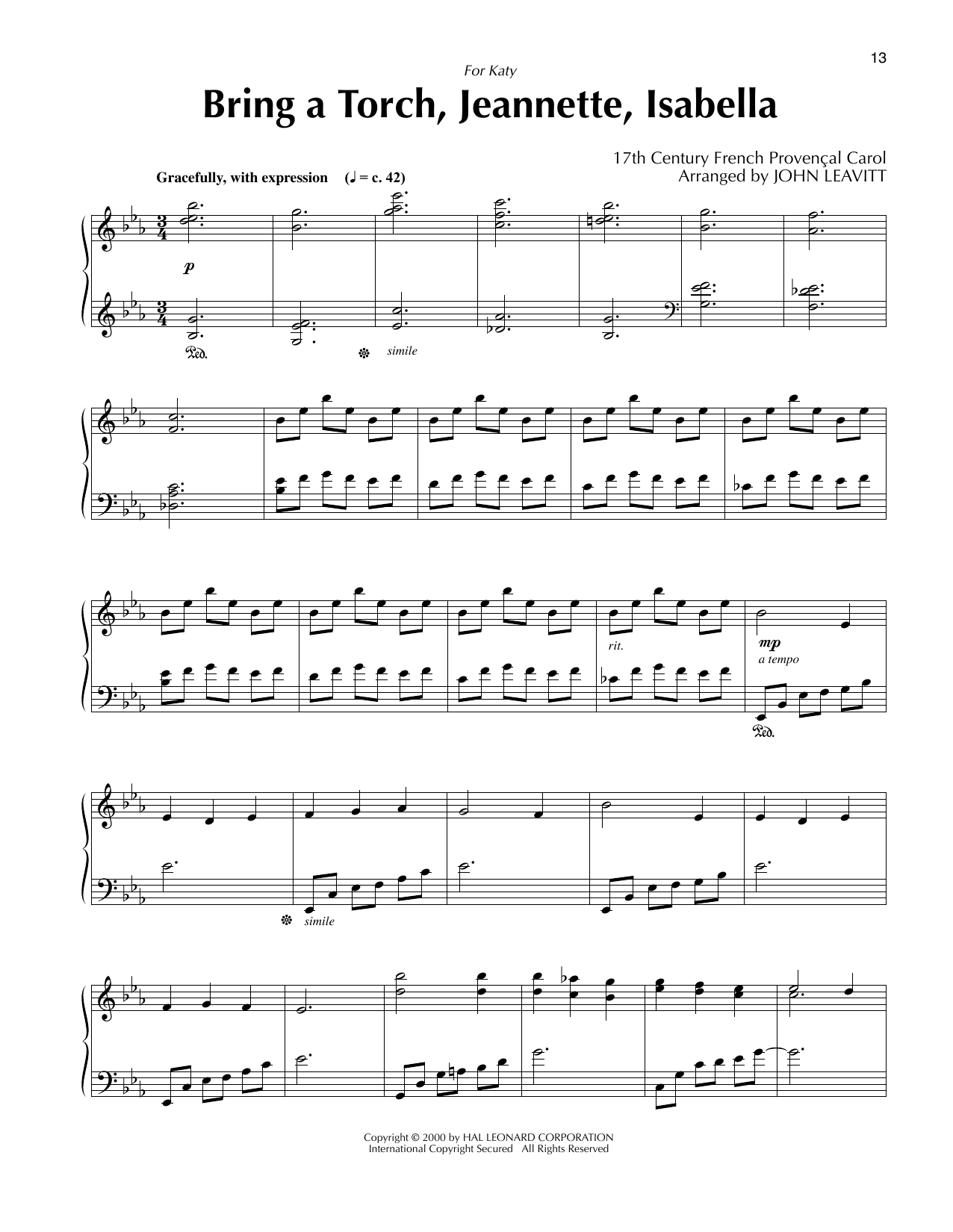 17th Century French Carol Bring A Torch, Jeannette, Isabella (arr. John Leavitt) Sheet Music Notes & Chords for Piano Solo - Download or Print PDF