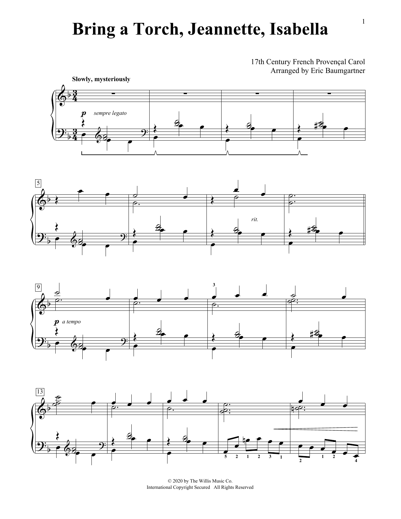 17th Century French Carol Bring A Torch, Jeannette, Isabella [Jazz version] (arr. Eric Baumgartner) Sheet Music Notes & Chords for Educational Piano - Download or Print PDF