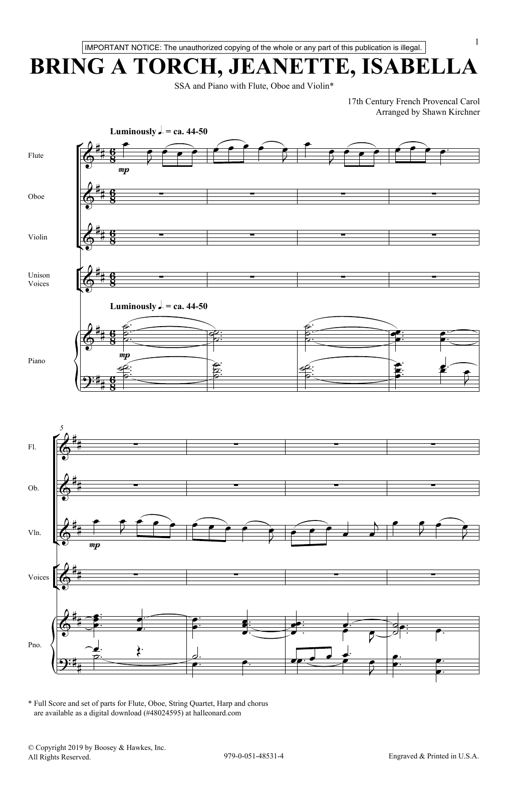 17th Century French Provencal Bring A Torch, Jeannette, Isabella (arr. Shawn Kirchner) Sheet Music Notes & Chords for SSA Choir - Download or Print PDF