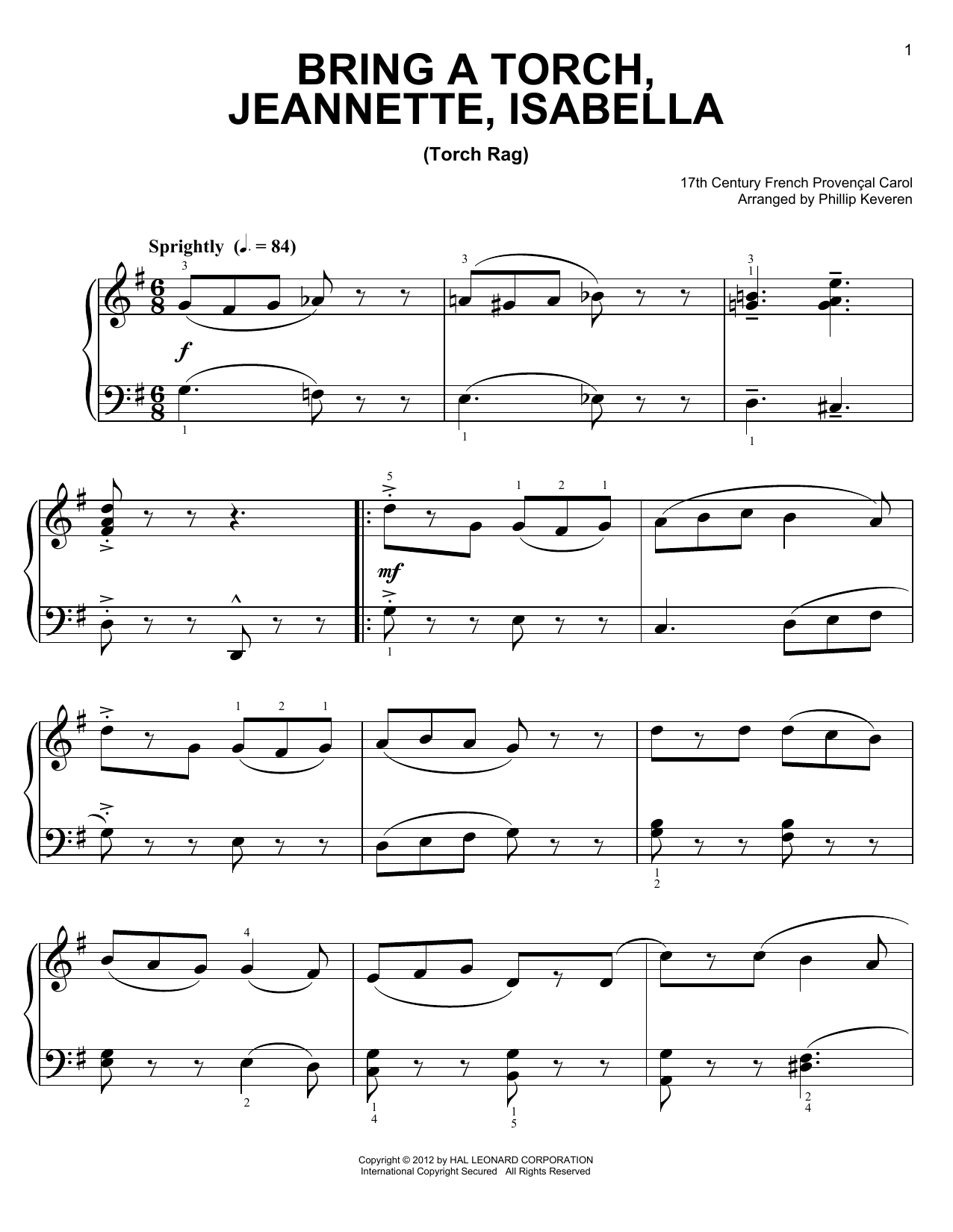 Bring A Torch, Jeannette, Isabella [Ragtime version] (arr. Phillip Keveren) sheet music