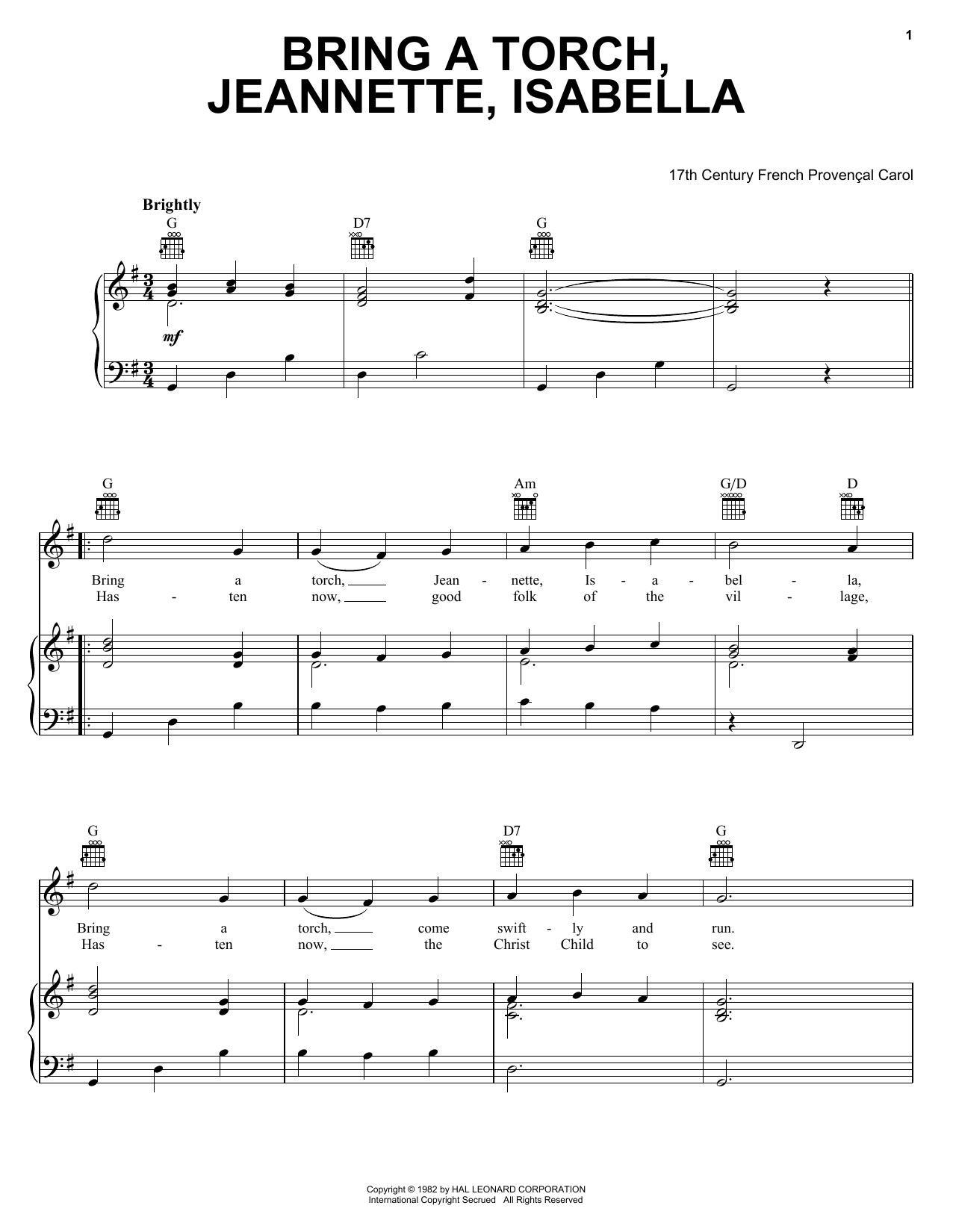 Preview 17th Century French Carol Bring A Torch, Jeannette Isabella Christmas sheet music, notes and chords for Piano, Vocal & Guitar (Right-Hand Melody), SKU: 24486 sheet music, piano notes, chords, guitar tabs, score, transpose, transcribe, how to play, guide, download, learn, tutorial, progression, song, artist, awards, billboard, mtv, vh1, tour, single, album, release
