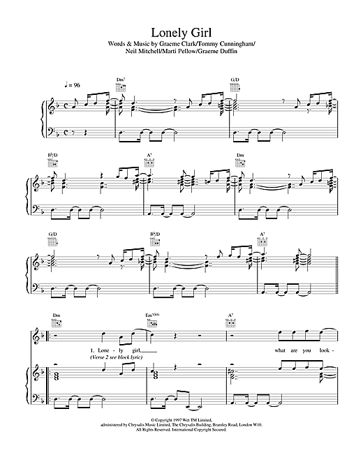Preview Wet Wet Wet Lonely Girl Pop sheet music, notes and chords for Piano, Vocal & Guitar (Right-Hand Melody), SKU: 18000 sheet music, piano notes, chords, guitar tabs, score, transpose, transcribe, how to play, guide, download, learn, tutorial, progression, song, artist, awards, billboard, mtv, vh1, tour, single, album, release