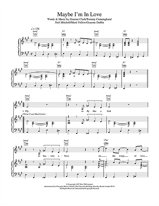 Preview Wet Wet Wet Maybe I'm In Love Pop sheet music, notes and chords for Piano, Vocal & Guitar (Right-Hand Melody), SKU: 18001 sheet music, piano notes, chords, guitar tabs, score, transpose, transcribe, how to play, guide, download, learn, tutorial, progression, song, artist, awards, billboard, mtv, vh1, tour, single, album, release