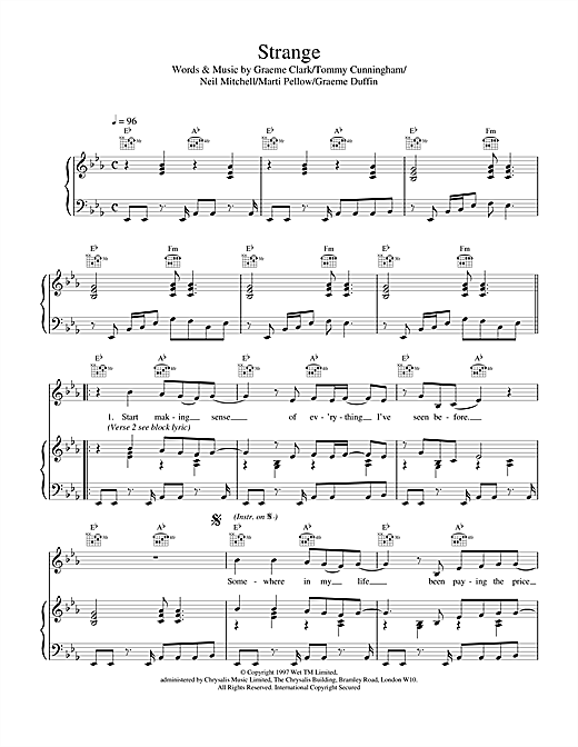 Preview Wet Wet Wet Strange Pop sheet music, notes and chords for Piano, Vocal & Guitar (Right-Hand Melody), SKU: 18002 sheet music, piano notes, chords, guitar tabs, score, transpose, transcribe, how to play, guide, download, learn, tutorial, progression, song, artist, awards, billboard, mtv, vh1, tour, single, album, release