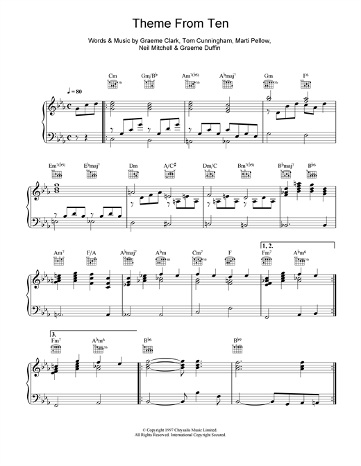 Preview Wet Wet Wet Theme From Ten Pop sheet music, notes and chords for Piano, Vocal & Guitar (Right-Hand Melody), SKU: 18003 sheet music, piano notes, chords, guitar tabs, score, transpose, transcribe, how to play, guide, download, learn, tutorial, progression, song, artist, awards, billboard, mtv, vh1, tour, single, album, release