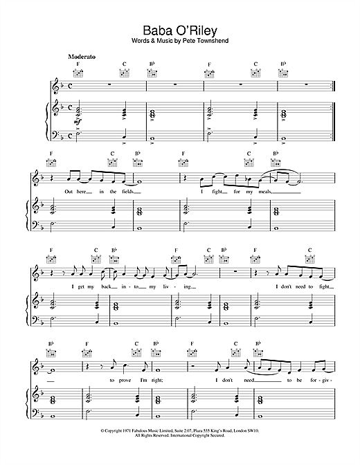 Preview The Who Baba O'Riley Rock sheet music, notes and chords for Piano, Vocal & Guitar, SKU: 18005 sheet music, piano notes, chords, guitar tabs, score, transpose, transcribe, how to play, guide, download, learn, tutorial, progression, song, artist, awards, billboard, mtv, vh1, tour, single, album, release