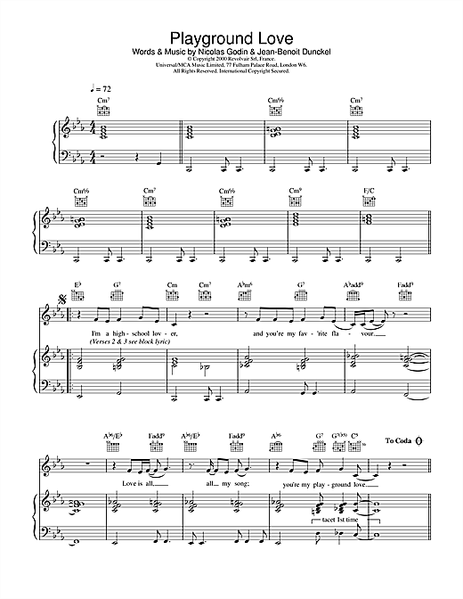 Preview Air Playground Love Film and TV sheet music, notes and chords for Piano, Vocal & Guitar, SKU: 18006 sheet music, piano notes, chords, guitar tabs, score, transpose, transcribe, how to play, guide, download, learn, tutorial, progression, song, artist, awards, billboard, mtv, vh1, tour, single, album, release