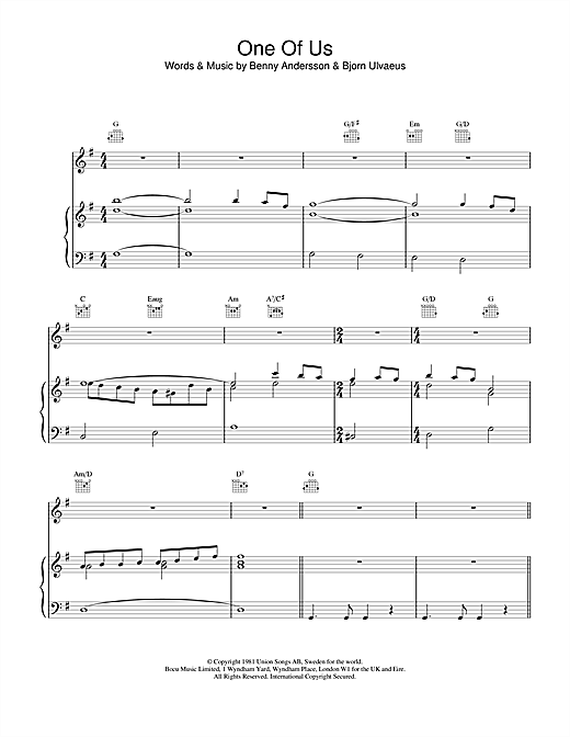 Preview ABBA One Of Us Pop sheet music, notes and chords for Piano, Vocal & Guitar (Right-Hand Melody), SKU: 18013 sheet music, piano notes, chords, guitar tabs, score, transpose, transcribe, how to play, guide, download, learn, tutorial, progression, song, artist, awards, billboard, mtv, vh1, tour, single, album, release