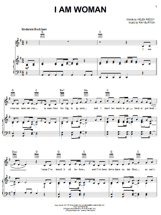 Preview Helen Reddy I Am Woman Rock sheet music, notes and chords for Piano, Vocal & Guitar (Right-Hand Melody), SKU: 18027 sheet music, piano notes, chords, guitar tabs, score, transpose, transcribe, how to play, guide, download, learn, tutorial, progression, song, artist, awards, billboard, mtv, vh1, tour, single, album, release