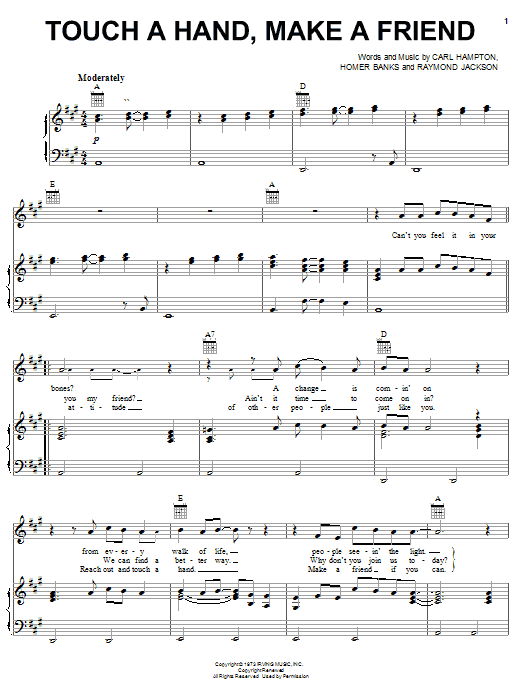 Preview The Staple Singers Touch A Hand, Make A Friend Pop sheet music, notes and chords for Piano, Vocal & Guitar (Right-Hand Melody), SKU: 18028 sheet music, piano notes, chords, guitar tabs, score, transpose, transcribe, how to play, guide, download, learn, tutorial, progression, song, artist, awards, billboard, mtv, vh1, tour, single, album, release