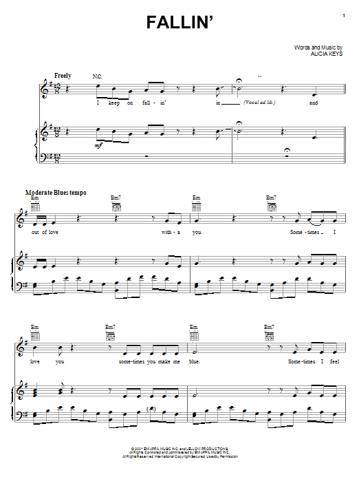 Preview Alicia Keys Fallin' Pop sheet music, notes and chords for Piano, Vocal & Guitar (Right-Hand Melody), SKU: 18036 sheet music, piano notes, chords, guitar tabs, score, transpose, transcribe, how to play, guide, download, learn, tutorial, progression, song, artist, awards, billboard, mtv, vh1, tour, single, album, release