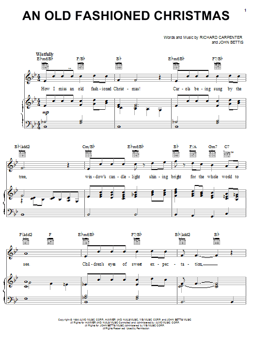 Preview Carpenters An Old Fashioned Christmas Pop sheet music, notes and chords for Piano, Vocal & Guitar (Right-Hand Melody), SKU: 18046 sheet music, piano notes, chords, guitar tabs, score, transpose, transcribe, how to play, guide, download, learn, tutorial, progression, song, artist, awards, billboard, mtv, vh1, tour, single, album, release