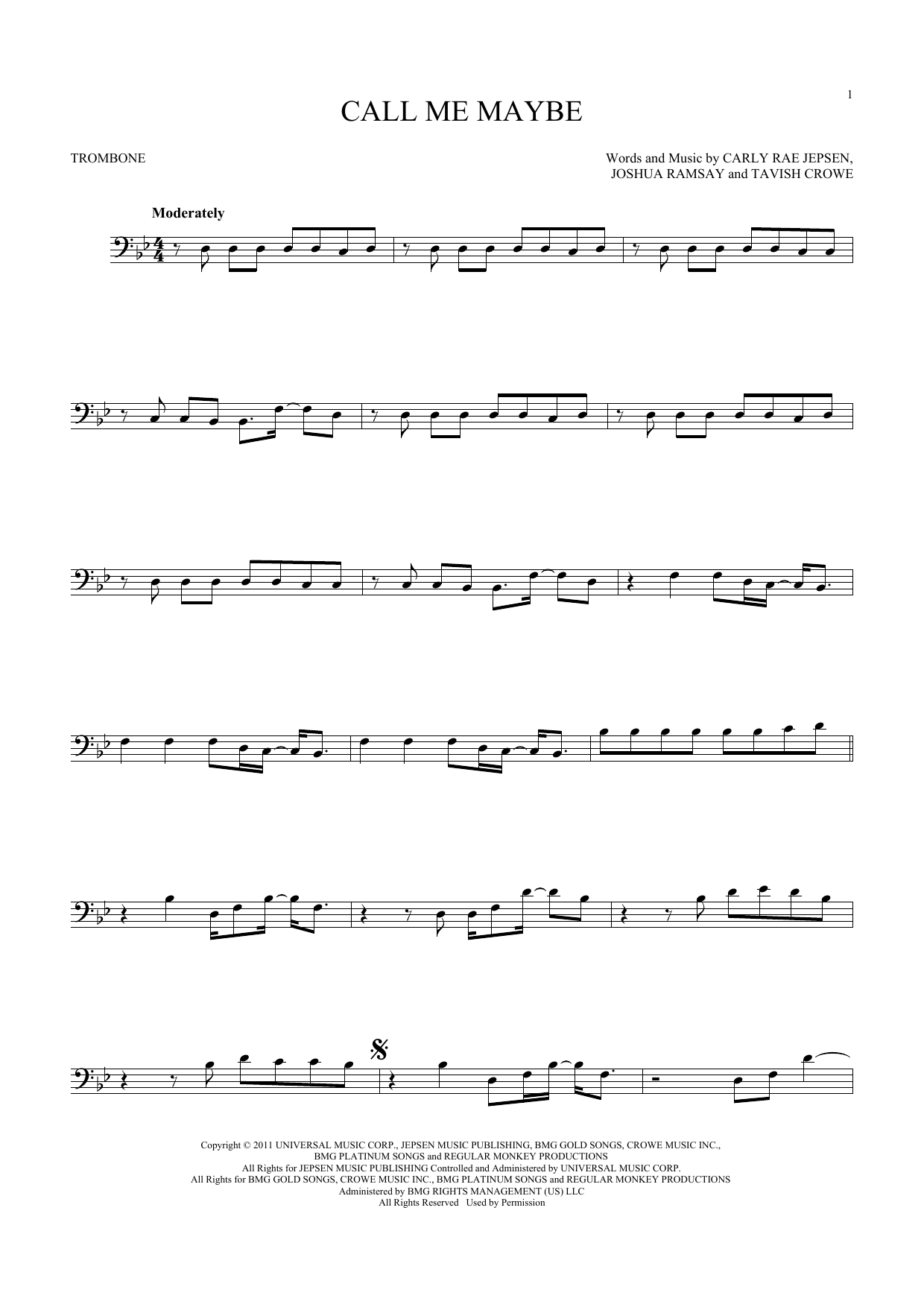 Carly Rae Jepsen Call Me Maybe Sheet Music Notes Chords Download Rock Notes Trombone Pdf Print