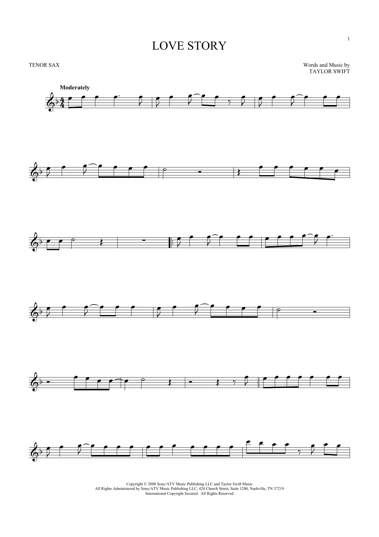 Taylor Swift Love Story Sheet Music Notes Chords Download Printable Tenor Saxophone Sku 180645