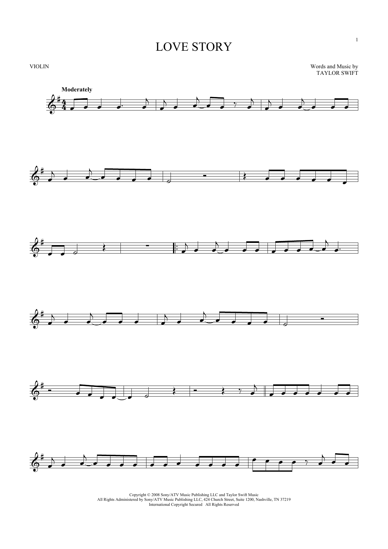 Taylor Swift Love Story Sheet Music Notes Chords Download Printable Violin Sku 180667