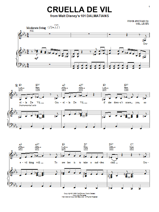 Preview Mel Leven Cruella De Vil Children sheet music, notes and chords for Piano, Vocal & Guitar (Right-Hand Melody), SKU: 18069 sheet music, piano notes, chords, guitar tabs, score, transpose, transcribe, how to play, guide, download, learn, tutorial, progression, song, artist, awards, billboard, mtv, vh1, tour, single, album, release