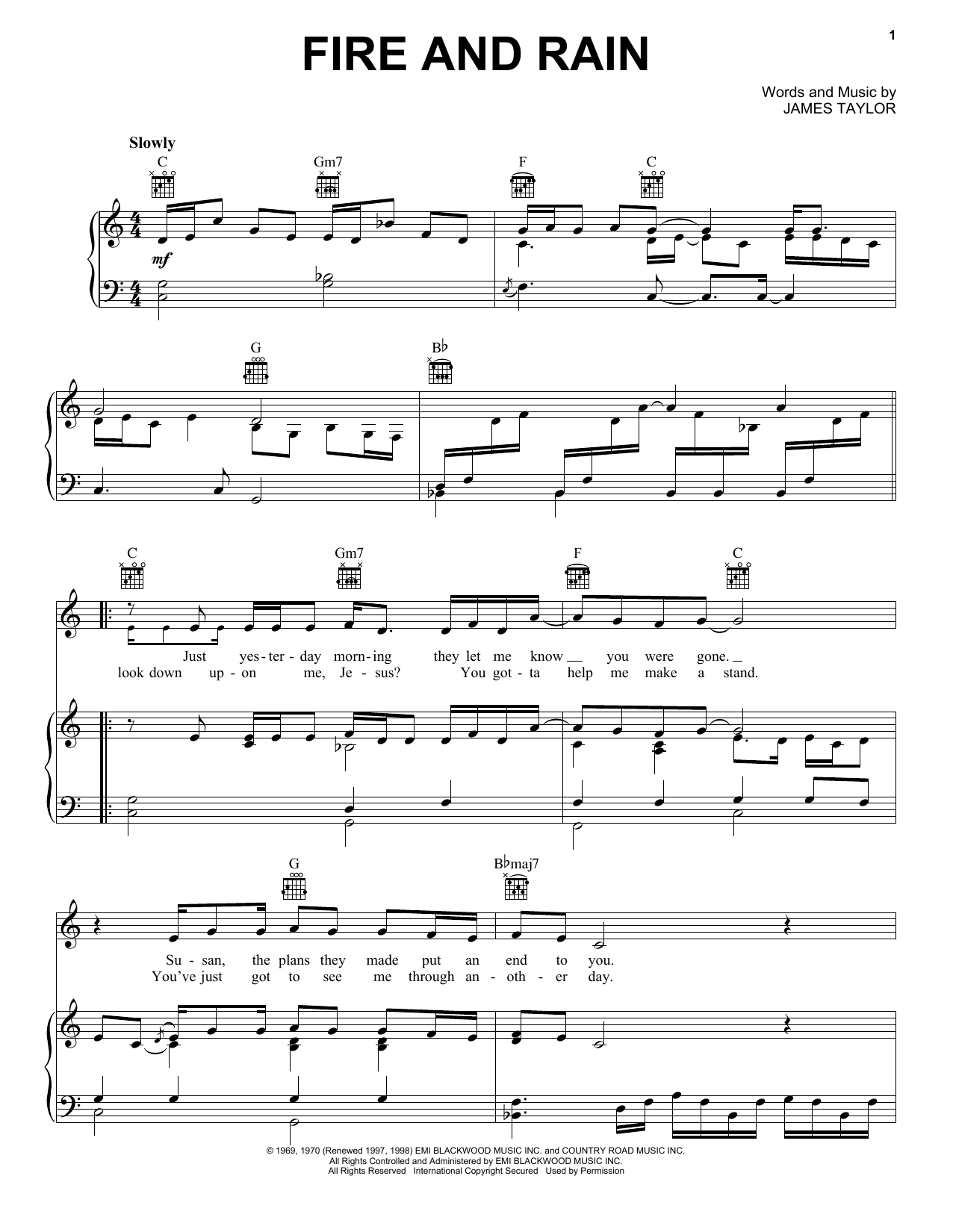 Preview James Taylor Fire And Rain Pop sheet music, notes and chords for Piano, Vocal & Guitar (Right-Hand Melody), SKU: 18075 sheet music, piano notes, chords, guitar tabs, score, transpose, transcribe, how to play, guide, download, learn, tutorial, progression, song, artist, awards, billboard, mtv, vh1, tour, single, album, release