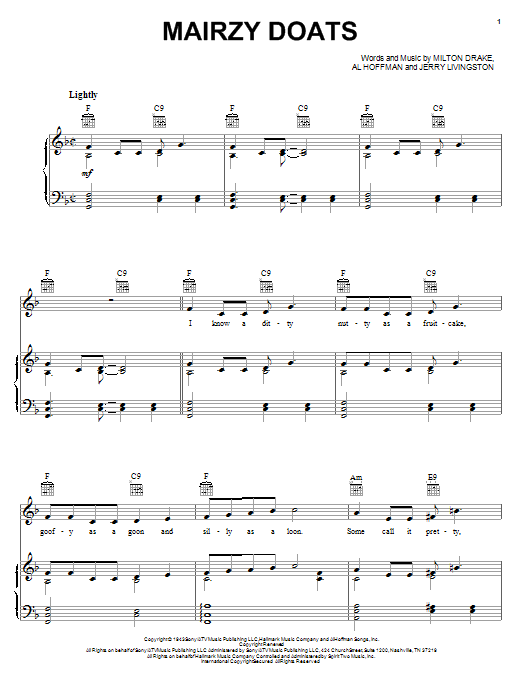 Preview Jerry Livingston Mairzy Doats Jazz sheet music, notes and chords for Piano, Vocal & Guitar (Right-Hand Melody), SKU: 18077 sheet music, piano notes, chords, guitar tabs, score, transpose, transcribe, how to play, guide, download, learn, tutorial, progression, song, artist, awards, billboard, mtv, vh1, tour, single, album, release