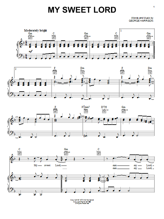 Preview George Harrison My Sweet Lord Pop sheet music, notes and chords for Piano, Vocal & Guitar (Right-Hand Melody), SKU: 18083 sheet music, piano notes, chords, guitar tabs, score, transpose, transcribe, how to play, guide, download, learn, tutorial, progression, song, artist, awards, billboard, mtv, vh1, tour, single, album, release