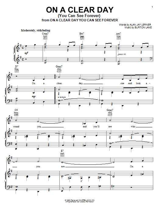 Preview Frank Sinatra On A Clear Day (You Can See Forever) Musicals sheet music, notes and chords for Piano, Vocal & Guitar (Right-Hand Melody), SKU: 18086 sheet music, piano notes, chords, guitar tabs, score, transpose, transcribe, how to play, guide, download, learn, tutorial, progression, song, artist, awards, billboard, mtv, vh1, tour, single, album, release