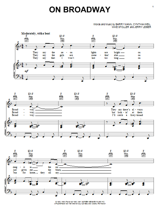 Preview George Benson On Broadway Pop sheet music, notes and chords for Piano, Vocal & Guitar (Right-Hand Melody), SKU: 18087 sheet music, piano notes, chords, guitar tabs, score, transpose, transcribe, how to play, guide, download, learn, tutorial, progression, song, artist, awards, billboard, mtv, vh1, tour, single, album, release