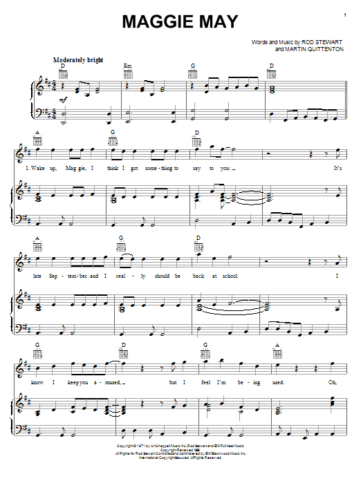 Preview Rod Stewart Maggie May Pop sheet music, notes and chords for Piano, Vocal & Guitar (Right-Hand Melody), SKU: 18093 sheet music, piano notes, chords, guitar tabs, score, transpose, transcribe, how to play, guide, download, learn, tutorial, progression, song, artist, awards, billboard, mtv, vh1, tour, single, album, release