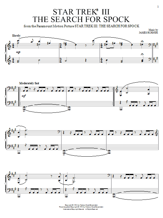 Preview James Horner Star Trek(R) III - The Search For Spock Film and TV sheet music, notes and chords for Piano, SKU: 18094 sheet music, piano notes, chords, guitar tabs, score, transpose, transcribe, how to play, guide, download, learn, tutorial, progression, song, artist, awards, billboard, mtv, vh1, tour, single, album, release