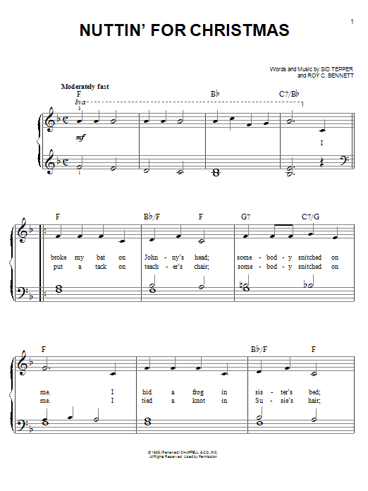 Preview Roy Bennett Nuttin' For Christmas Children sheet music, notes and chords for Easy Piano, SKU: 18116 sheet music, piano notes, chords, guitar tabs, score, transpose, transcribe, how to play, guide, download, learn, tutorial, progression, song, artist, awards, billboard, mtv, vh1, tour, single, album, release