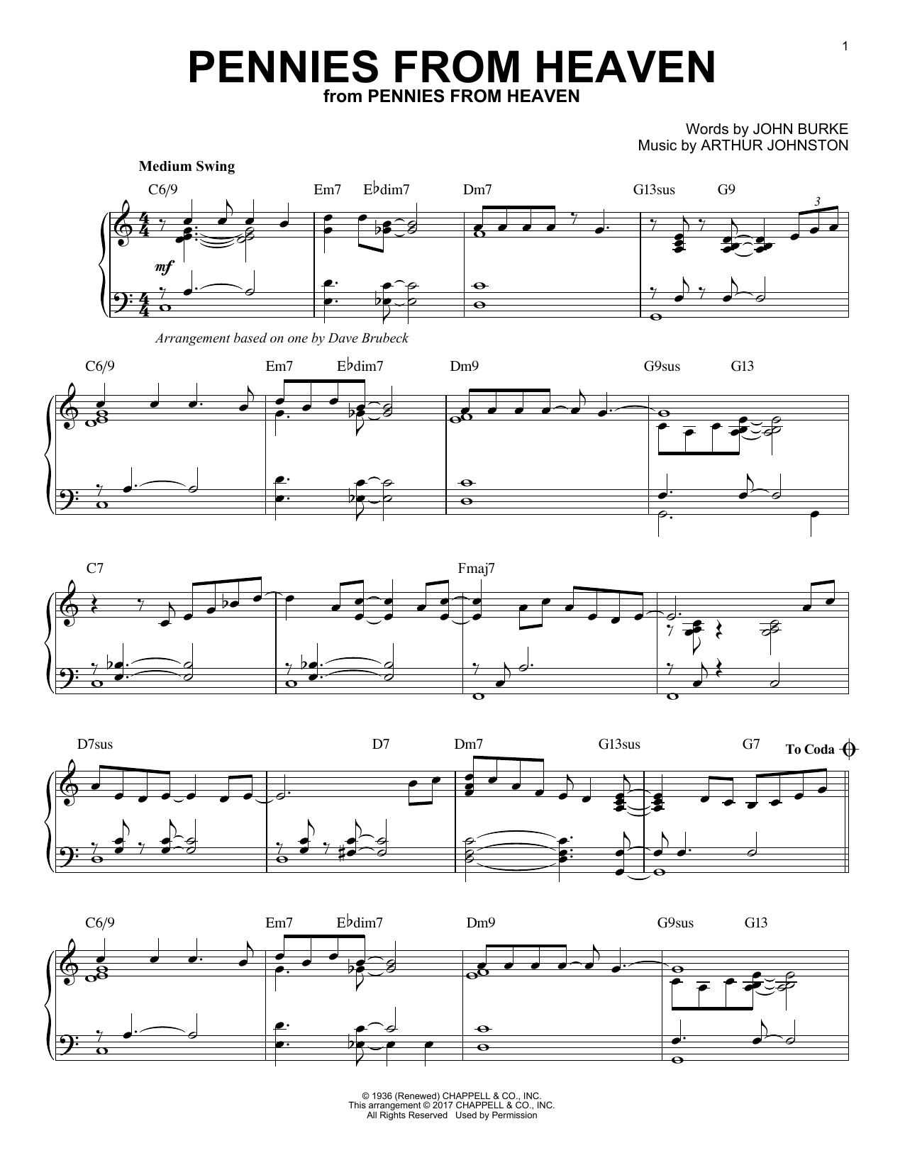 Preview Dave Brubeck Pennies From Heaven Jazz sheet music, notes and chords for Piano, SKU: 181224 sheet music, piano notes, chords, guitar tabs, score, transpose, transcribe, how to play, guide, download, learn, tutorial, progression, song, artist, awards, billboard, mtv, vh1, tour, single, album, release