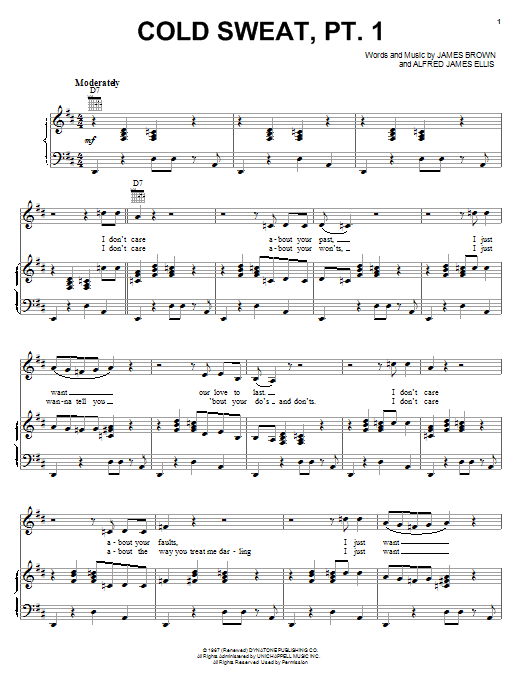 Preview James Brown Cold Sweat, Pt. 1 Pop sheet music, notes and chords for Piano, Vocal & Guitar (Right-Hand Melody), SKU: 18136 sheet music, piano notes, chords, guitar tabs, score, transpose, transcribe, how to play, guide, download, learn, tutorial, progression, song, artist, awards, billboard, mtv, vh1, tour, single, album, release