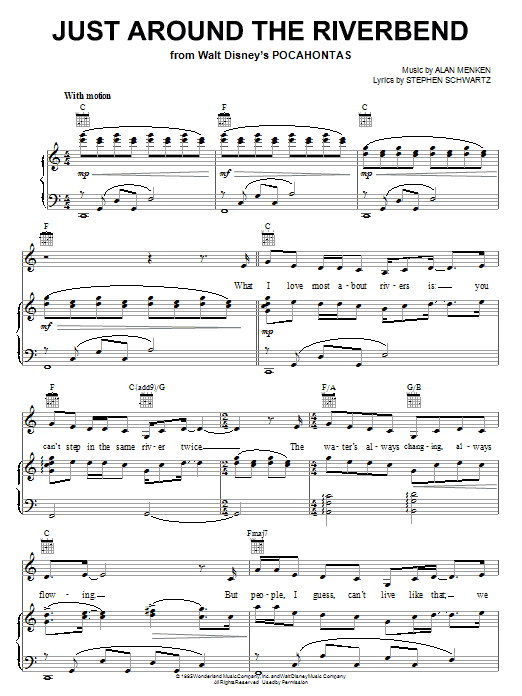 Preview Alan Menken Just Around The Riverbend (from Pocahontas) Children sheet music, notes and chords for Piano, Vocal & Guitar (Right-Hand Melody), SKU: 18139 sheet music, piano notes, chords, guitar tabs, score, transpose, transcribe, how to play, guide, download, learn, tutorial, progression, song, artist, awards, billboard, mtv, vh1, tour, single, album, release