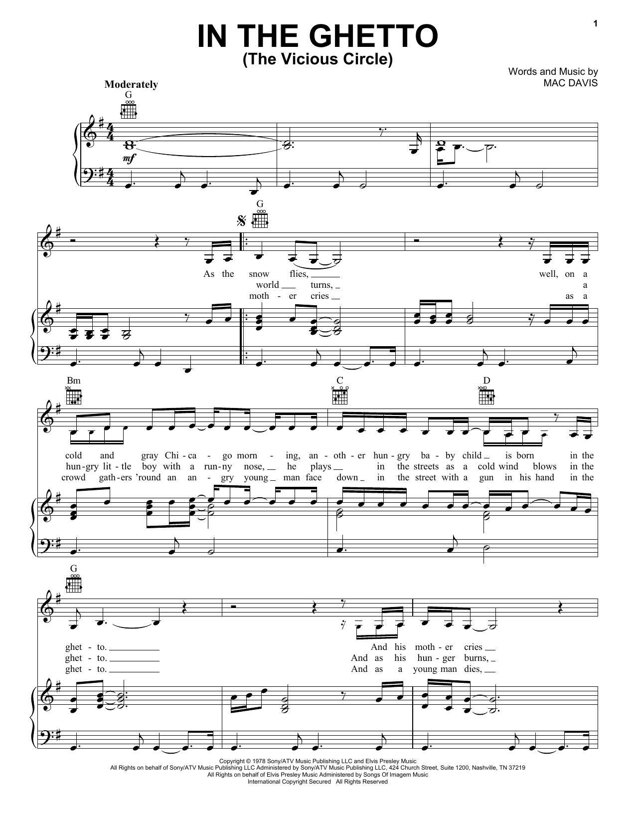 Preview Elvis Presley In The Ghetto (The Vicious Circle) Pop sheet music, notes and chords for Piano, Vocal & Guitar (Right-Hand Melody), SKU: 18158 sheet music, piano notes, chords, guitar tabs, score, transpose, transcribe, how to play, guide, download, learn, tutorial, progression, song, artist, awards, billboard, mtv, vh1, tour, single, album, release
