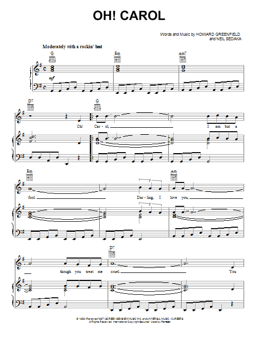 Preview Neil Sedaka Oh! Carol Pop sheet music, notes and chords for Piano, Vocal & Guitar (Right-Hand Melody), SKU: 18161 sheet music, piano notes, chords, guitar tabs, score, transpose, transcribe, how to play, guide, download, learn, tutorial, progression, song, artist, awards, billboard, mtv, vh1, tour, single, album, release