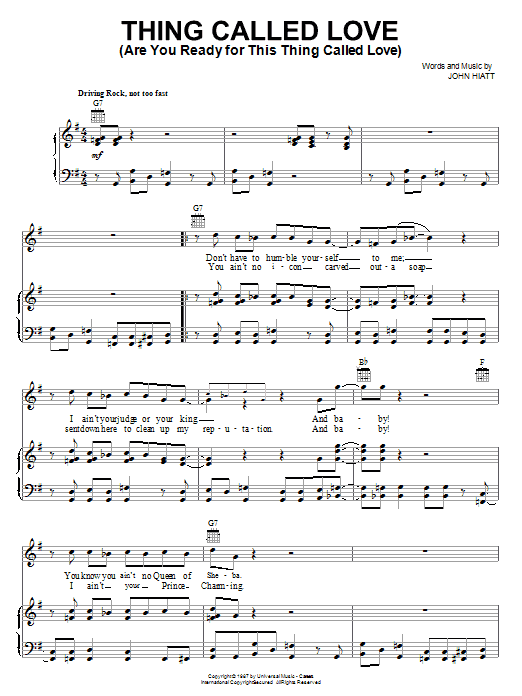Preview Bonnie Raitt Thing Called Love (Are You Ready For This Thing Called Love) Country sheet music, notes and chords for Piano, Vocal & Guitar (Right-Hand Melody), SKU: 18166 sheet music, piano notes, chords, guitar tabs, score, transpose, transcribe, how to play, guide, download, learn, tutorial, progression, song, artist, awards, billboard, mtv, vh1, tour, single, album, release