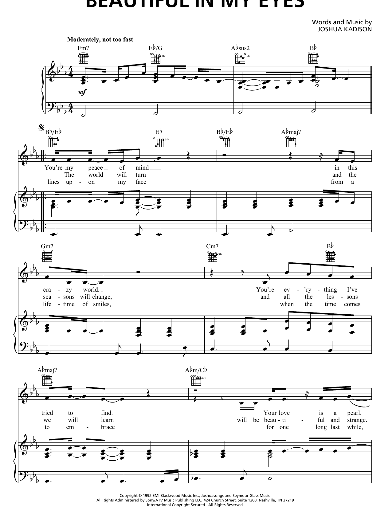 Preview Joshua Kadison Beautiful In My Eyes Pop sheet music, notes and chords for Piano, Vocal & Guitar (Right-Hand Melody), SKU: 18174 sheet music, piano notes, chords, guitar tabs, score, transpose, transcribe, how to play, guide, download, learn, tutorial, progression, song, artist, awards, billboard, mtv, vh1, tour, single, album, release