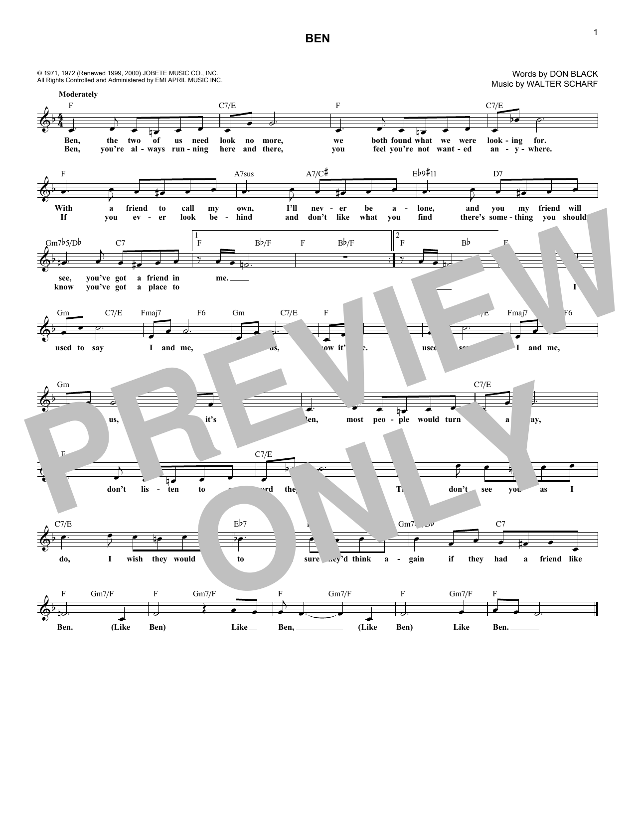 Michael Jackson Ben Sheet Music Notes Chords Download Film And Tv Notes Melody Line Lyrics Chords Pdf Print 181811