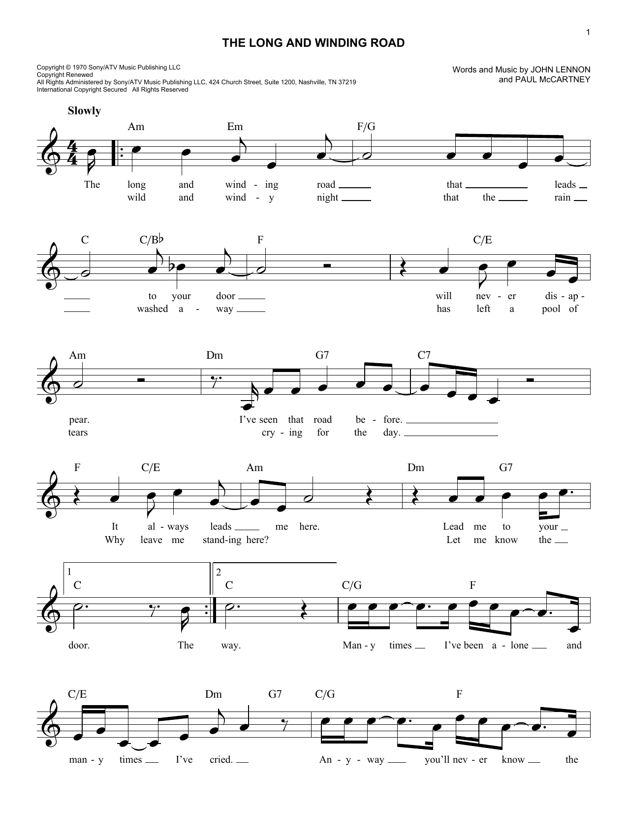 The Beatles The Long And Winding Road Sheet Music Notes Chords Download Rock Notes Melody Line Lyrics Chords Pdf Print