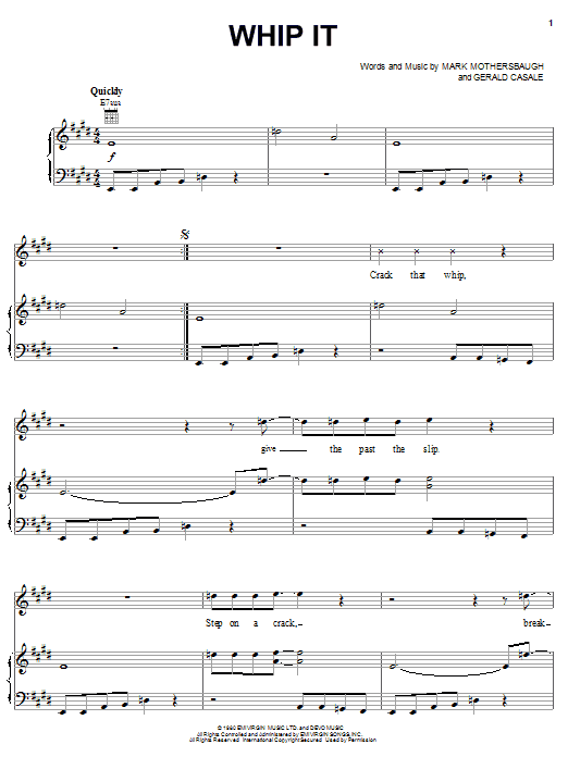 Preview Devo Whip It Rock sheet music, notes and chords for Piano, Vocal & Guitar (Right-Hand Melody), SKU: 18191 sheet music, piano notes, chords, guitar tabs, score, transpose, transcribe, how to play, guide, download, learn, tutorial, progression, song, artist, awards, billboard, mtv, vh1, tour, single, album, release