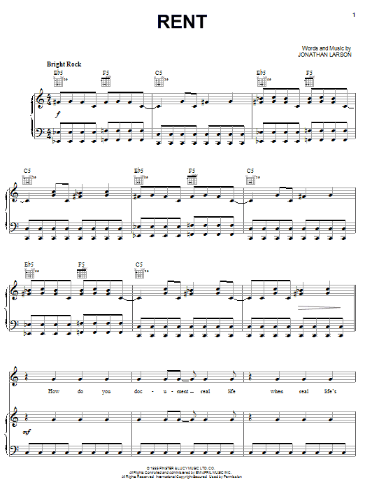 Preview Jonathan Larson Rent Pop sheet music, notes and chords for Piano, Vocal & Guitar (Right-Hand Melody), SKU: 18199 sheet music, piano notes, chords, guitar tabs, score, transpose, transcribe, how to play, guide, download, learn, tutorial, progression, song, artist, awards, billboard, mtv, vh1, tour, single, album, release